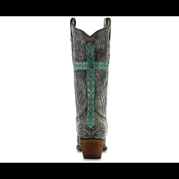 New Corral Gray Teal Cross Crystal Cowgirl Boots - Picture 3 of 5